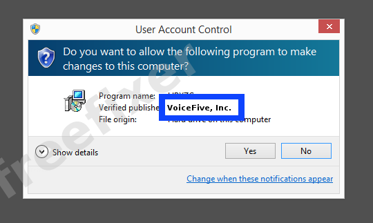 Screenshot where VoiceFive, Inc. appears as the verified publisher in the UAC dialog